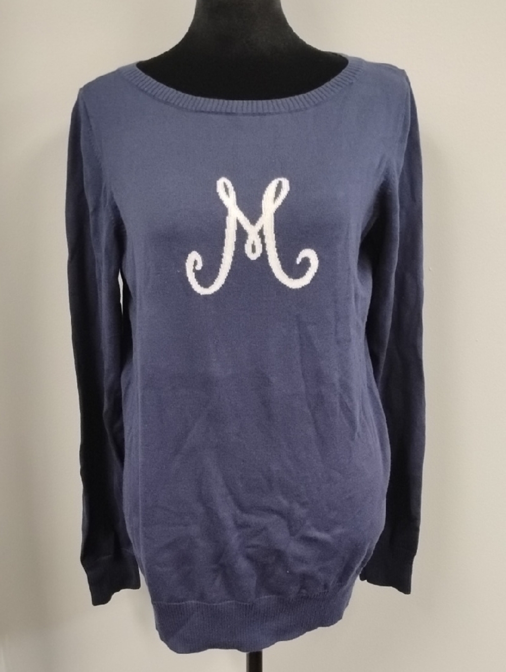 Lilly Pulitzer Navy Crewneck Sweater with White Monogram 'M', Sz L